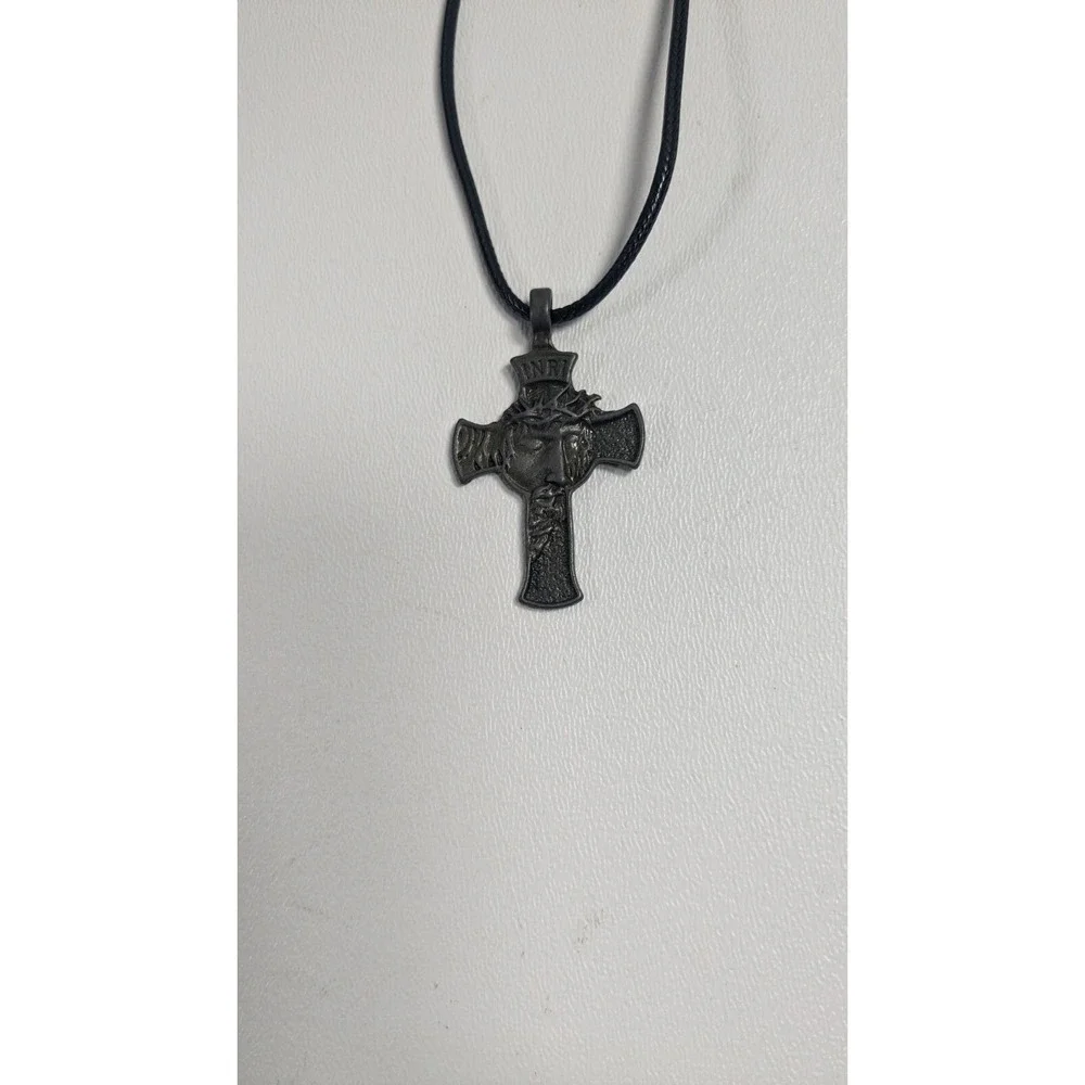 Jesus Christ Face Crucifix Cross Pendant Necklace INRI Gunmetal Black Cord